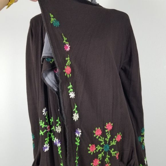 Biya Johnny Was Brown Floral Embroidered Waterfall Long Brown Cardigan Size M - Picture 4 of 15